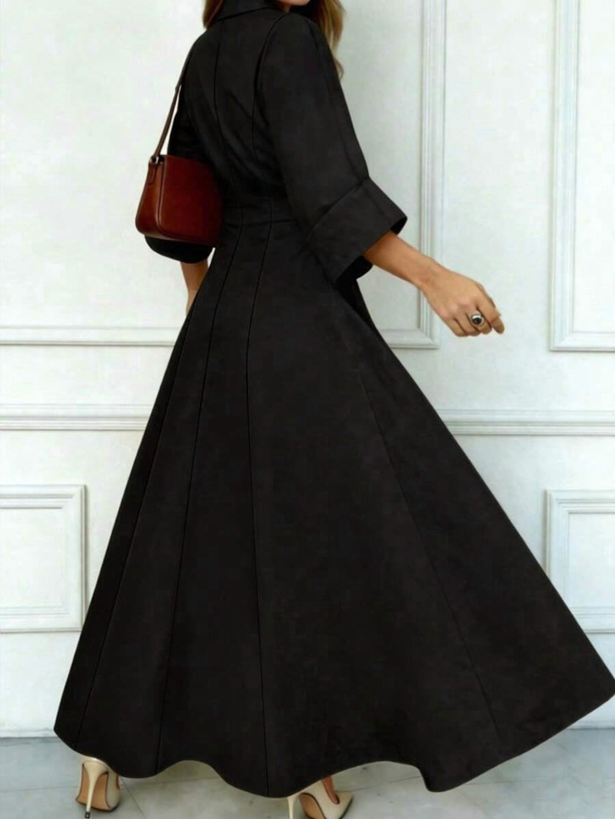 thumbnail image 6 of Black Womens Long Sleeve V-Neck Dress - Elegant Lapel Collar Flare Hem Maxi, 6 of 8