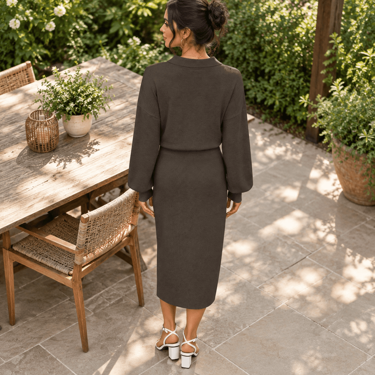 thumbnail image 6 of Coffee X-Large Women's Fall Long Sleeve Bodycon Midi Sweater Dress, 6 of 9