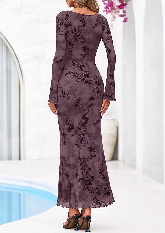 thumbnail image 6 of PRETTYGARDEN Women's Floral Bodycon Maxi Dress Spring Elegant Mesh Long Sleeve Formal Wedding Guest Cocktail Dresses, 6 of 7