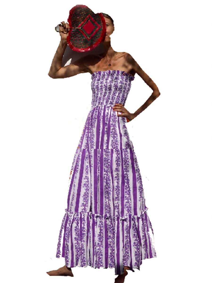 thumbnail image 5 of Green Striped Floral Strapless Maxi Sundress Flowy A-Line Beach Dress, 5 of 6