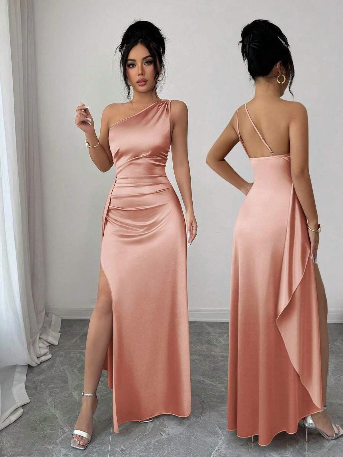 thumbnail image 3 of Dusty Pink Satin One Shoulder Evening Gown For Women Ruched Maxi Dress, 3 of 7