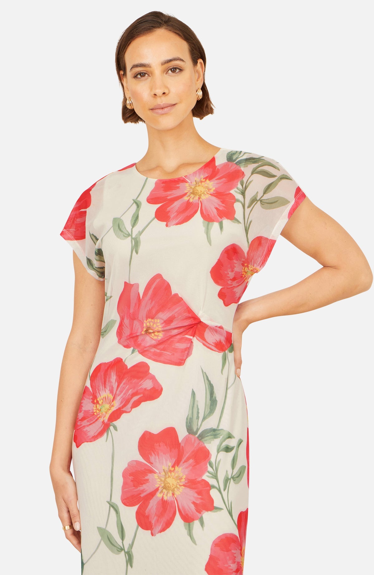 thumbnail image 4 of Yumi Poppy Print Midi Mesh Dress - White, 6, 4 of 5