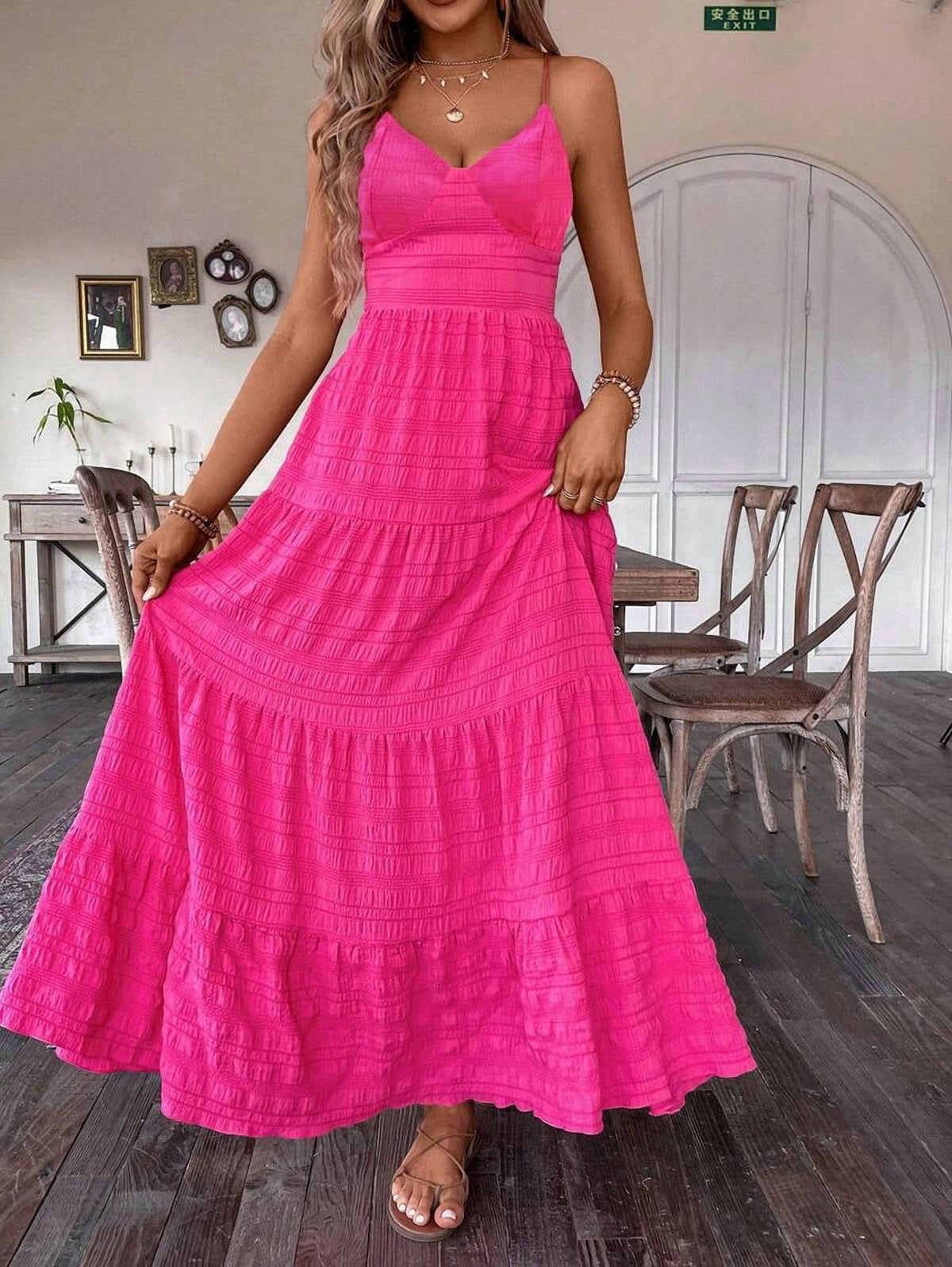thumbnail image 5 of Hot Pink V-Neck Maxi Dress With Back Bow Tie And Tiered Skirt For Women, 5 of 30