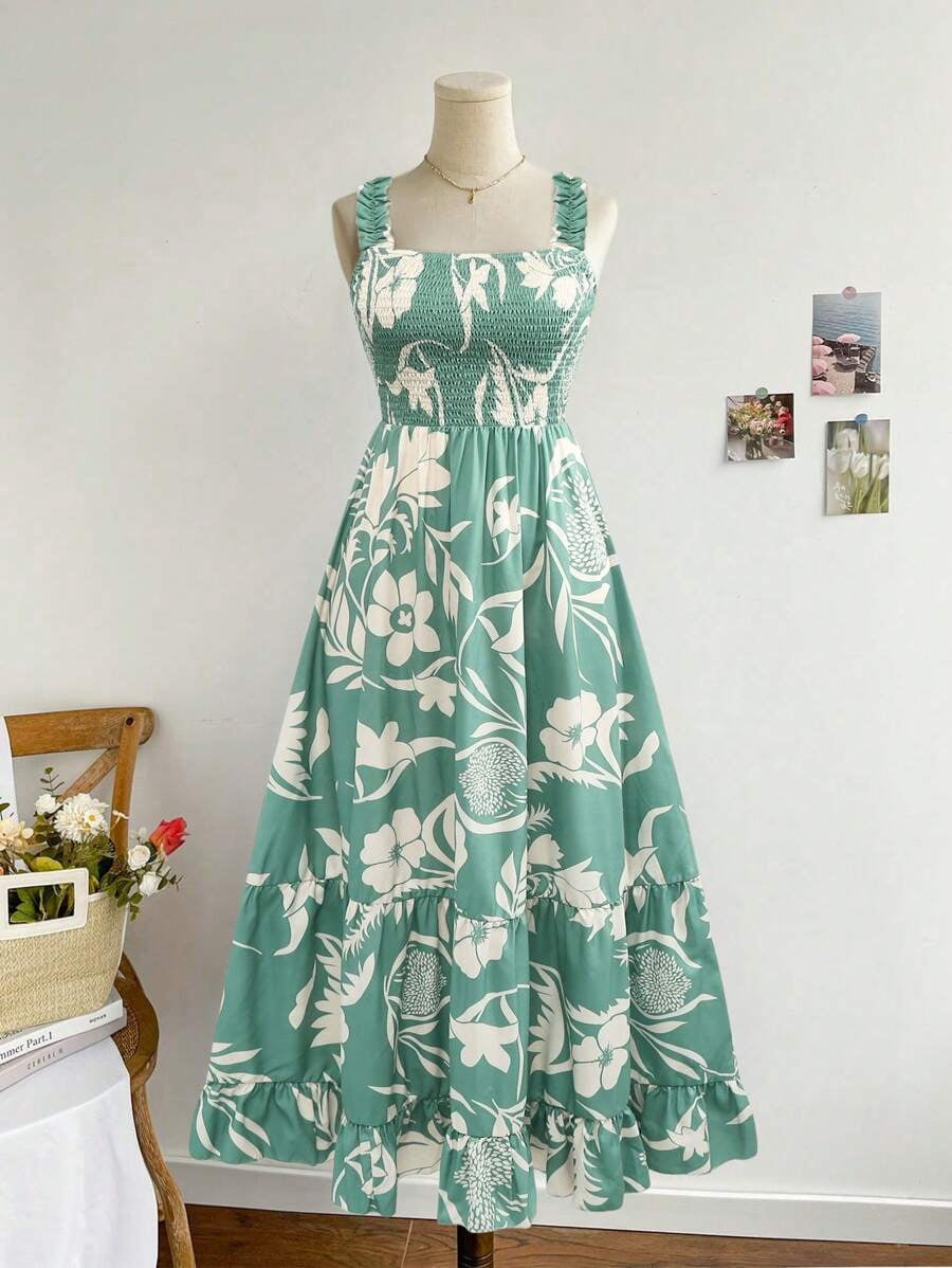 thumbnail image 2 of Womens Green Floral Print Smocked Square Neck Tiered Maxi Dress, 2 of 10