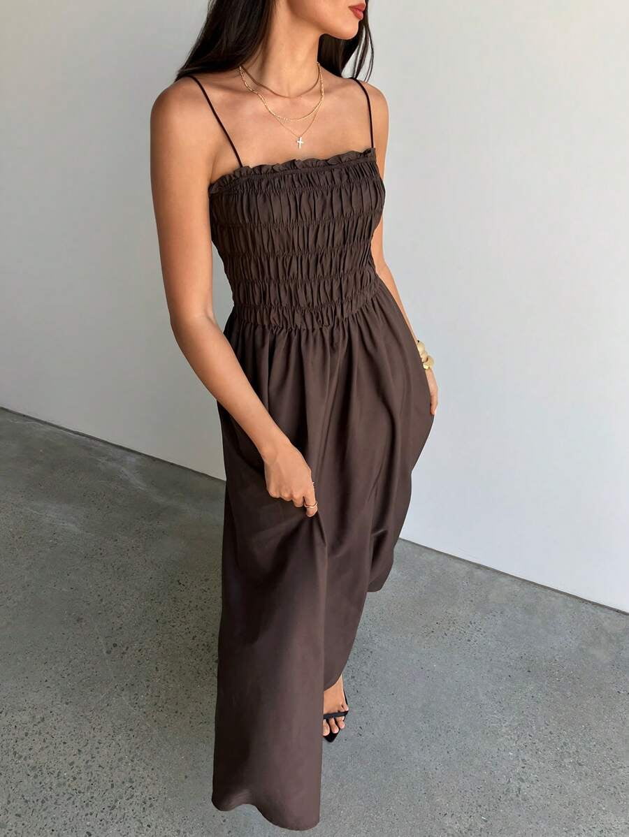thumbnail image 3 of Coffee Womens Ruched Smocked Waist Maxi Dress With Spaghetti Straps, 3 of 8