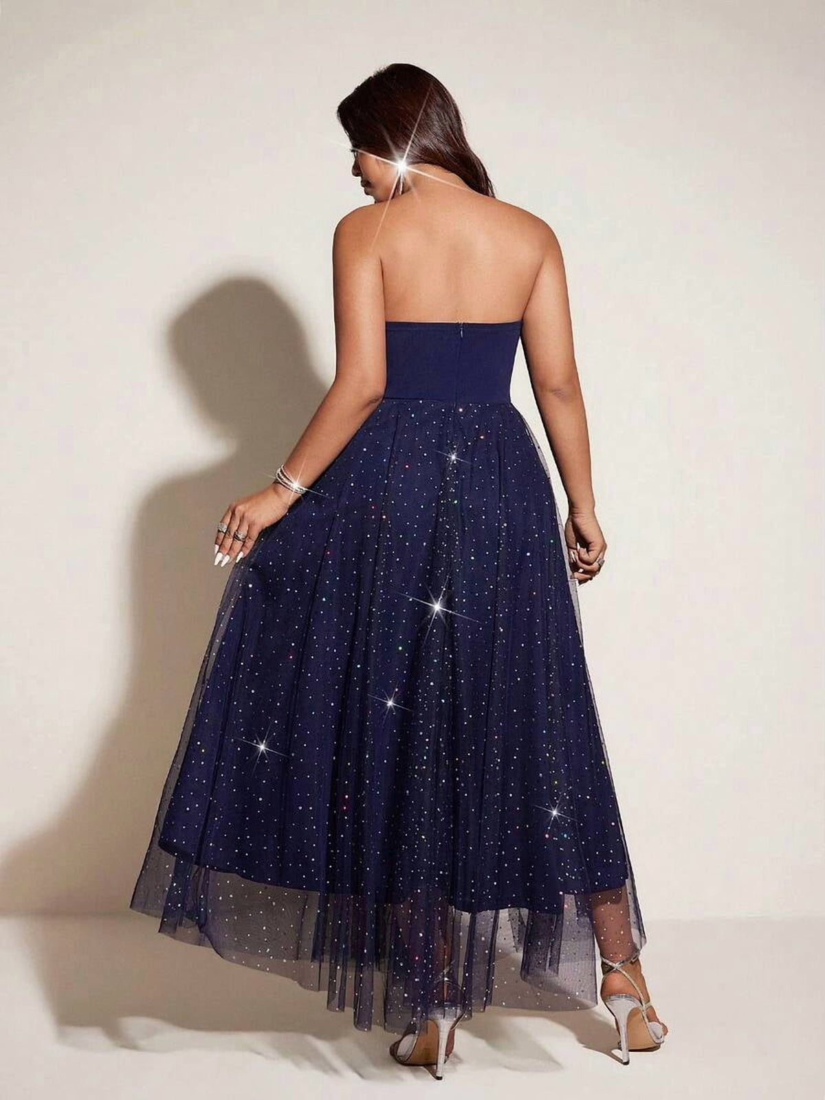 thumbnail image 2 of Plus Size Blue Strapless Starry Sky Rhinestone Evening Gown, 2 of 7