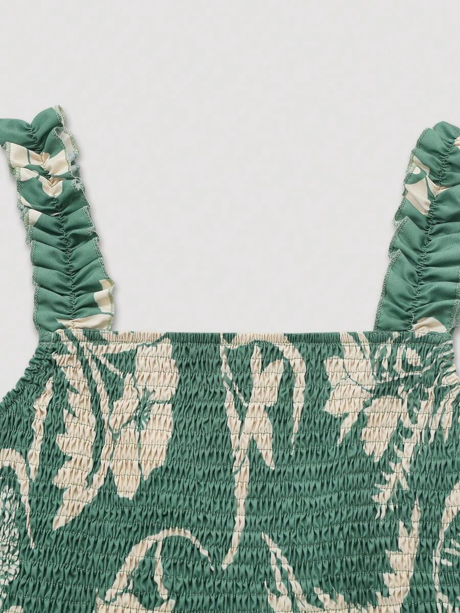 thumbnail image 5 of Womens Green Floral Print Smocked Square Neck Tiered Maxi Dress, 5 of 10
