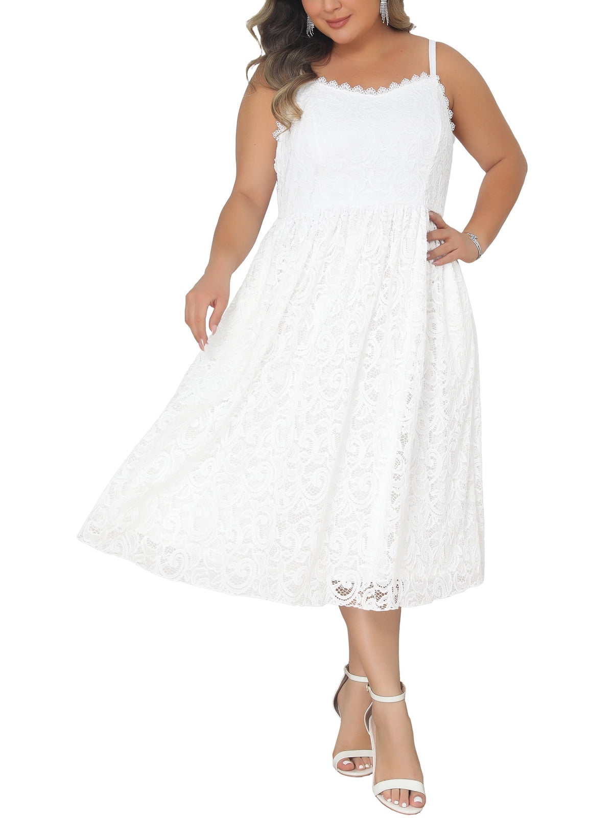 thumbnail image 7 of Agnes Orinda Women's Plus Size Easter Wedding Dress Lace Floral Shoulder Straps Back Zipper Overlay Swing Formal Evening Gowns Cocktail Party Long Dresses 1X White, 7 of 7