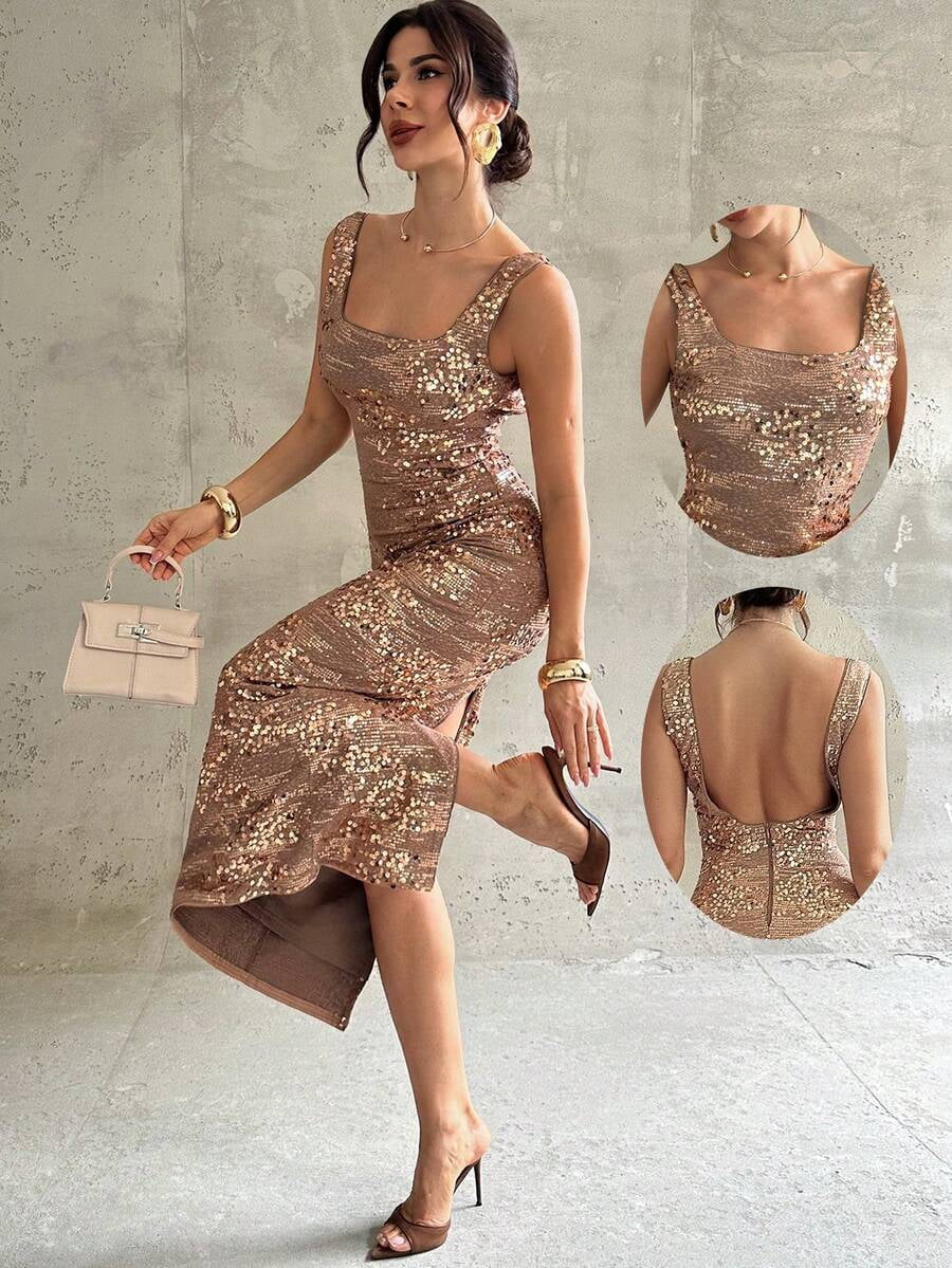 thumbnail image 2 of Brown Sequin Square Neck Sleeveless Backless Maxi Dress For Evening Party, 2 of 7