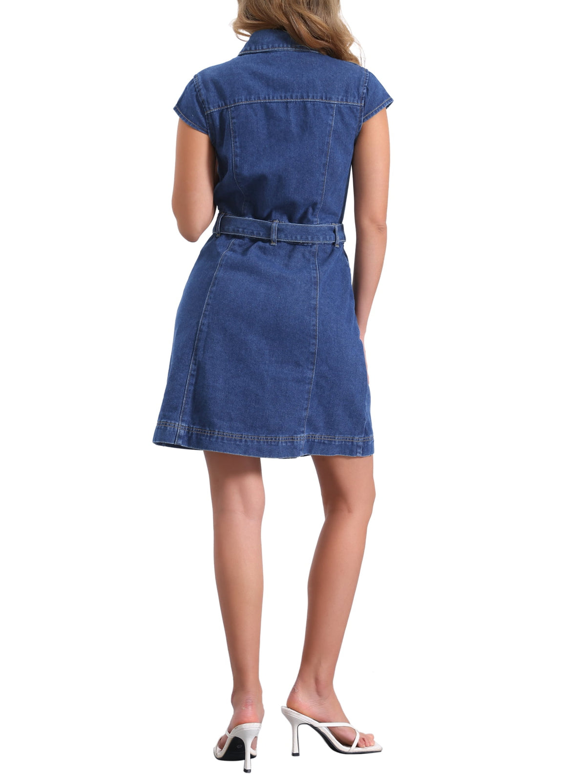 thumbnail image 3 of INSPIRE CHIC Women's Denim Dress Casual Belted Button Down V Neck Jean Shirt Dresses XS Dark Blue, 3 of 6