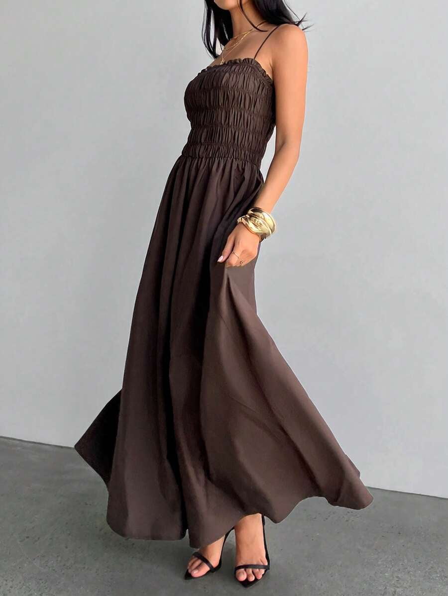 thumbnail image 6 of Coffee Womens Ruched Smocked Waist Maxi Dress With Spaghetti Straps, 6 of 8