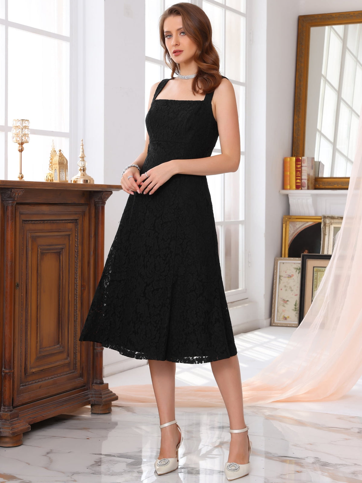 thumbnail image 2 of DARING DIVA Women's Lace Prom Straps Square Neck Sleeveless Midi Dress S Black, 2 of 6