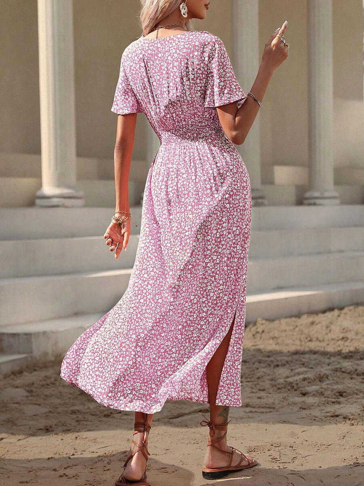 thumbnail image 2 of Womens Pink Floral Print V-Neck Short Sleeve Midi Dress with Slit, 2 of 7