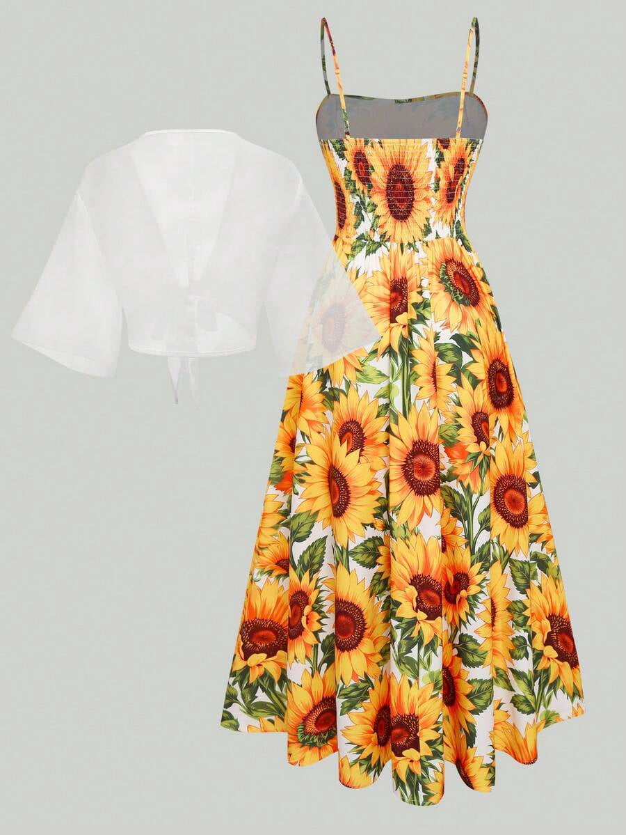 thumbnail image 4 of Multicolor Womens Elegant Sunflower Print Chiffon Dress with Shawl Wrap, 4 of 11