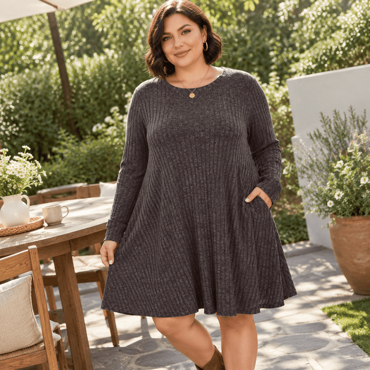 thumbnail image 2 of Plsize Crew Neck Long Sleeveer Dress Fall Winter Outfits, 2 of 6