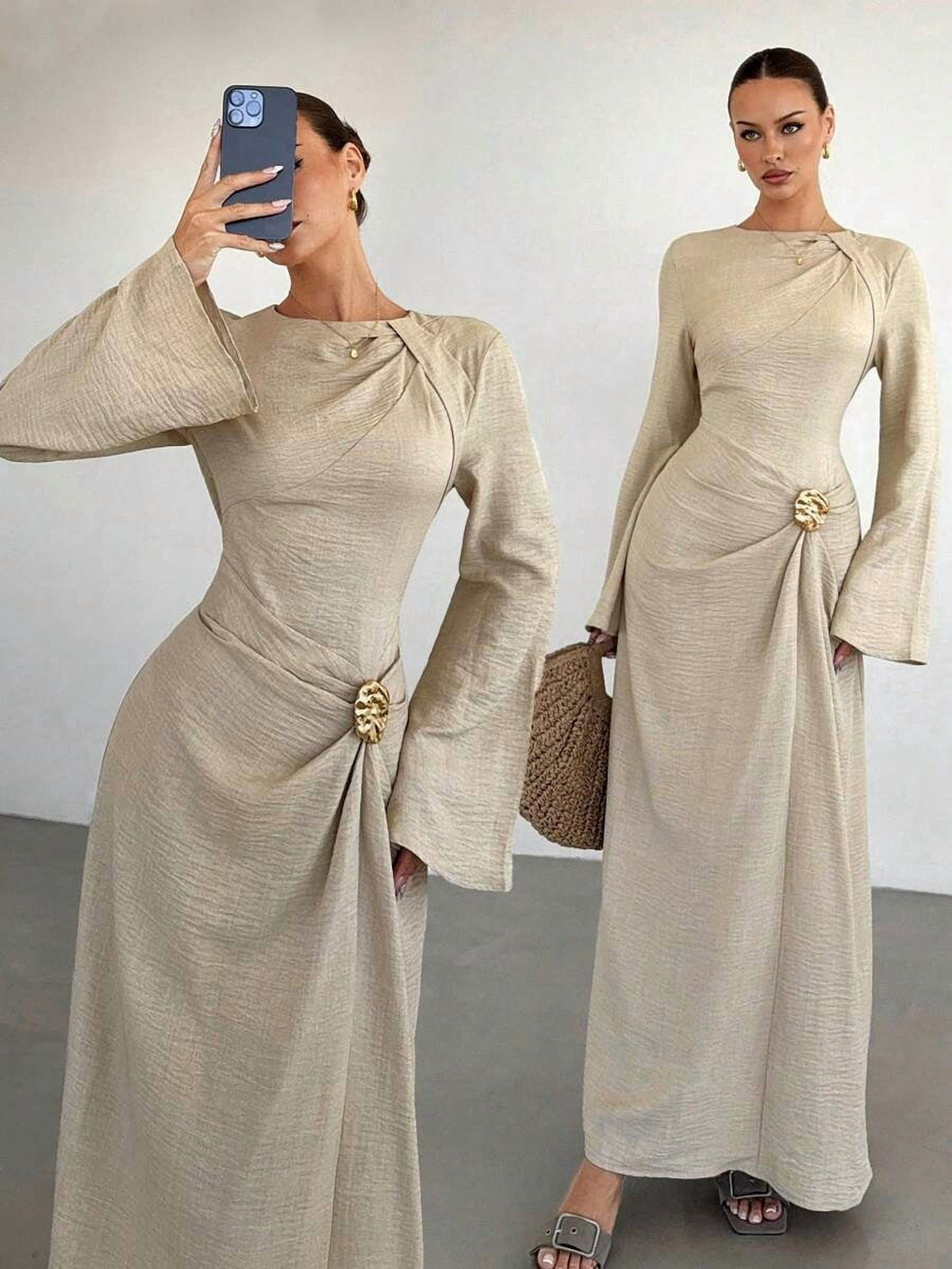 thumbnail image 4 of Womens Long Sleeve Metallic Apricot Elegant Formal Dress, 4 of 7