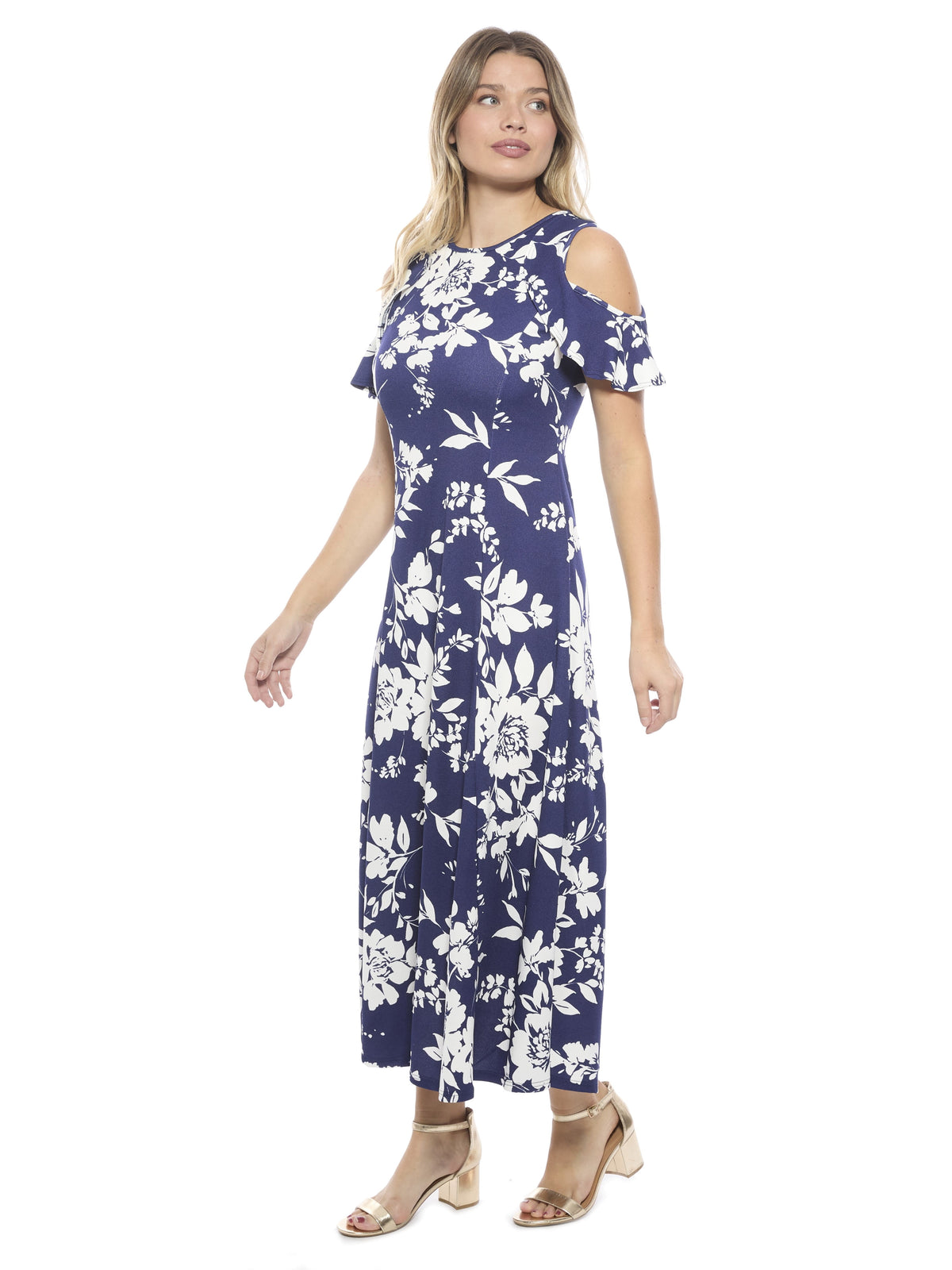 thumbnail image 2 of 24seven Comfort Apparel Womens Floral Ruffle Sleeve Cold Shoulder A Line Maxi Dress, 2 of 4