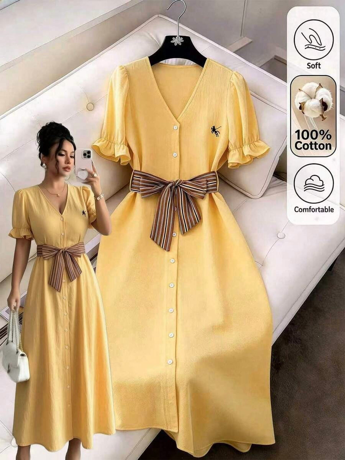 thumbnail image 3 of Women Light Yellow V-Neck Button Front Midi Dress With Bow Belt Petal, 3 of 7
