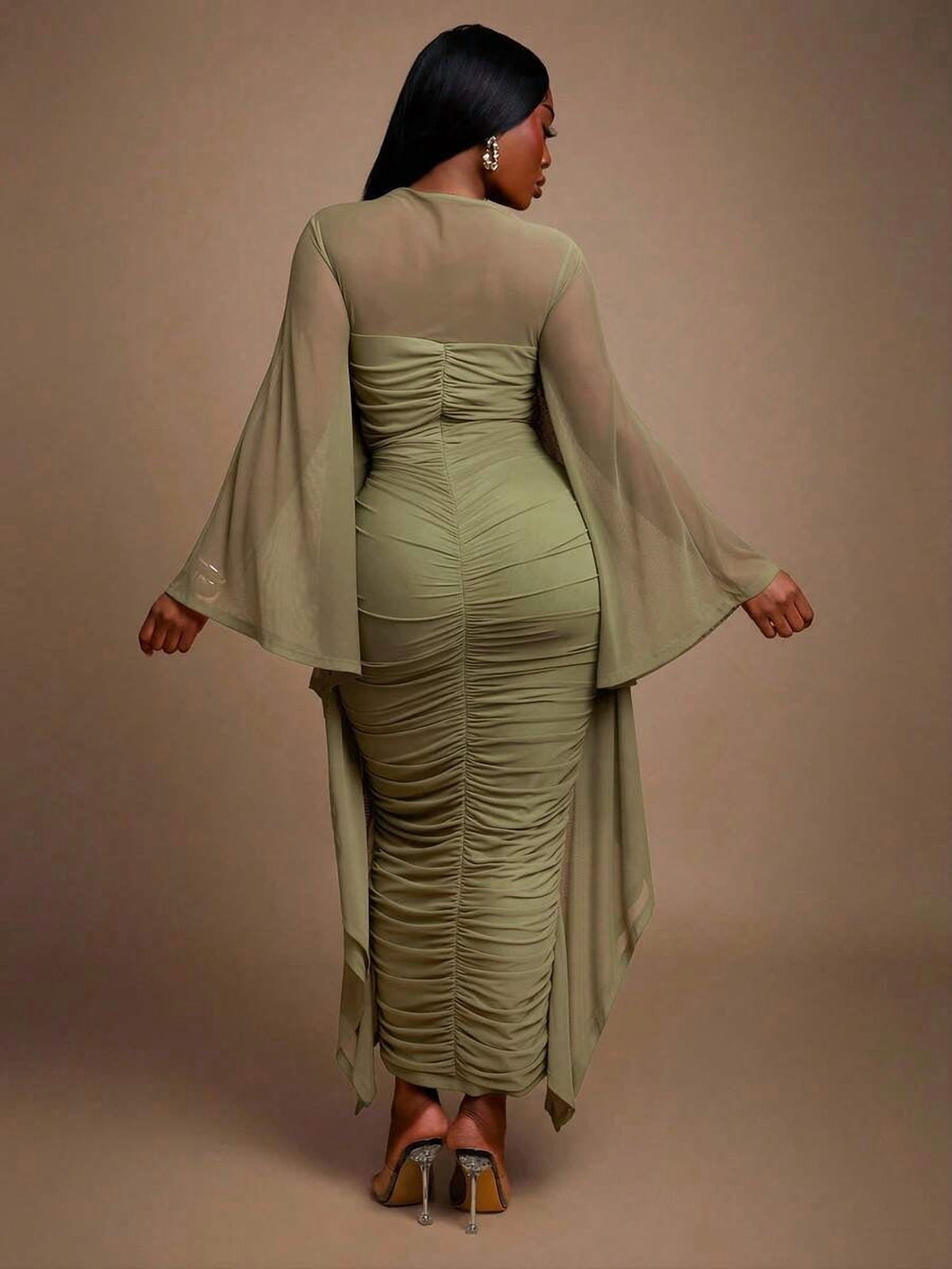 thumbnail image 2 of Womens Green Ruched Long Sleeve Sheath Dress With Kimono Sleeve, 2 of 6