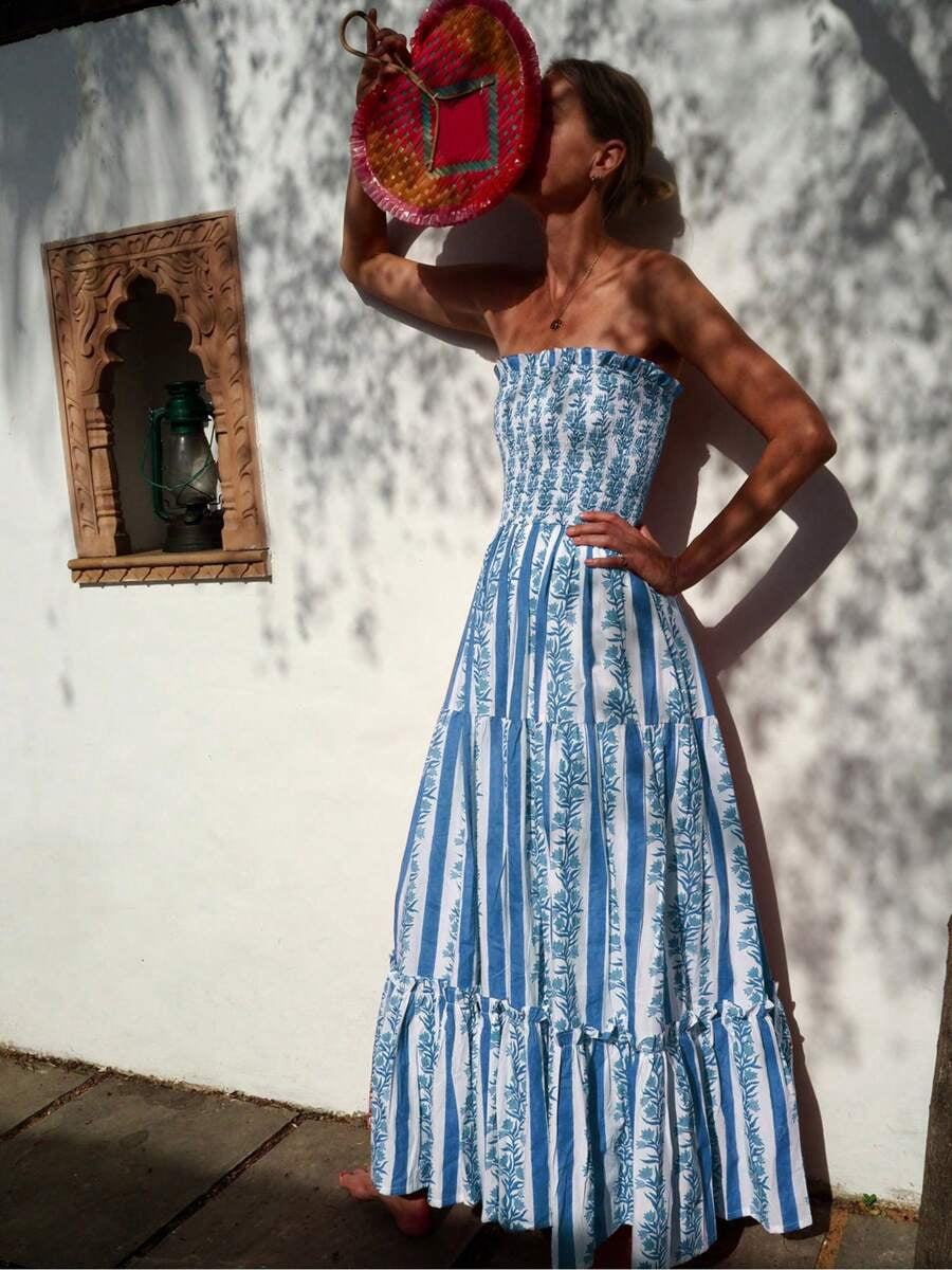 thumbnail image 3 of Green Striped Floral Strapless Maxi Sundress Flowy A-Line Beach Dress, 3 of 6