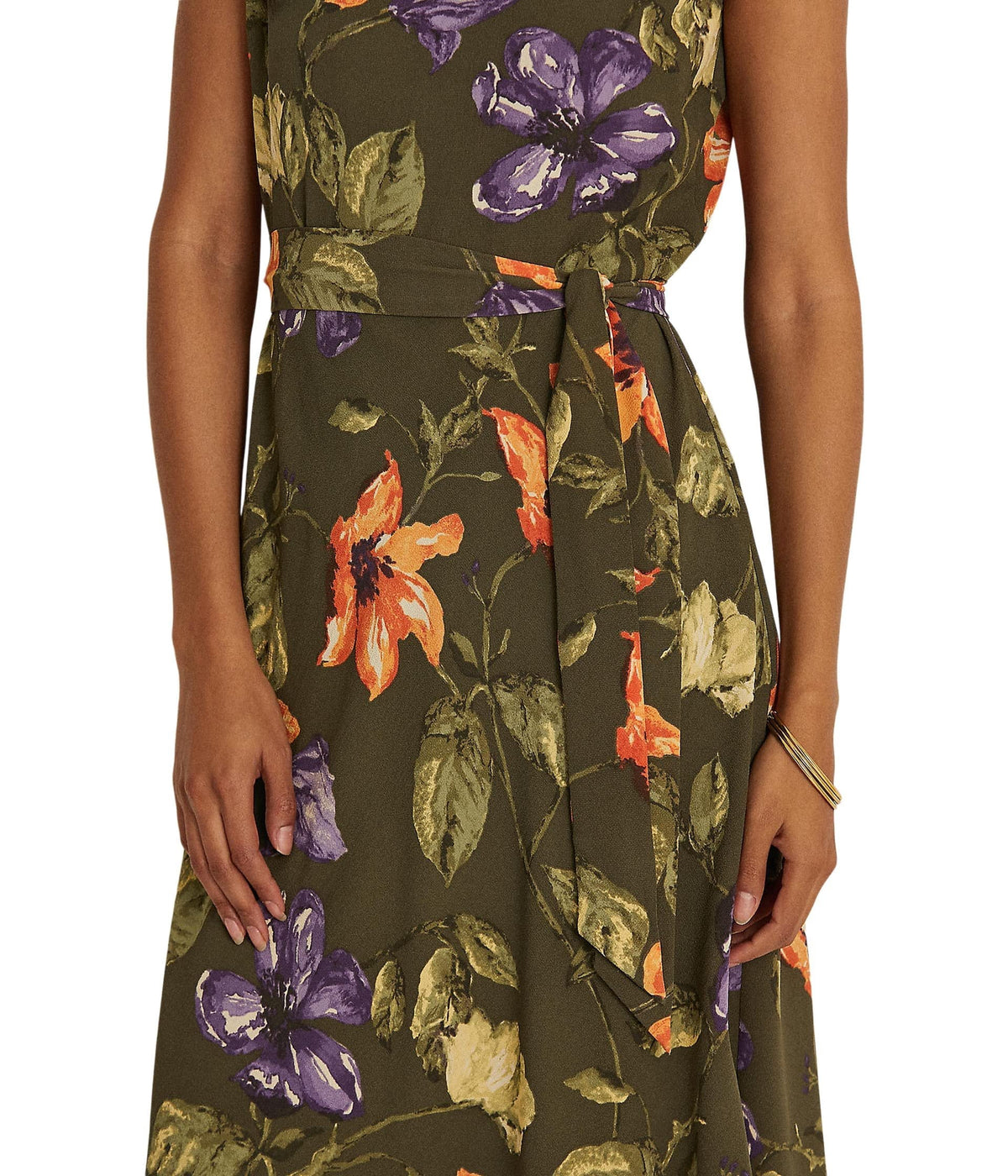 thumbnail image 3 of Lauren Ralph Lauren Floral Belted Crepe Dress Olive Multi 0, 3 of 4