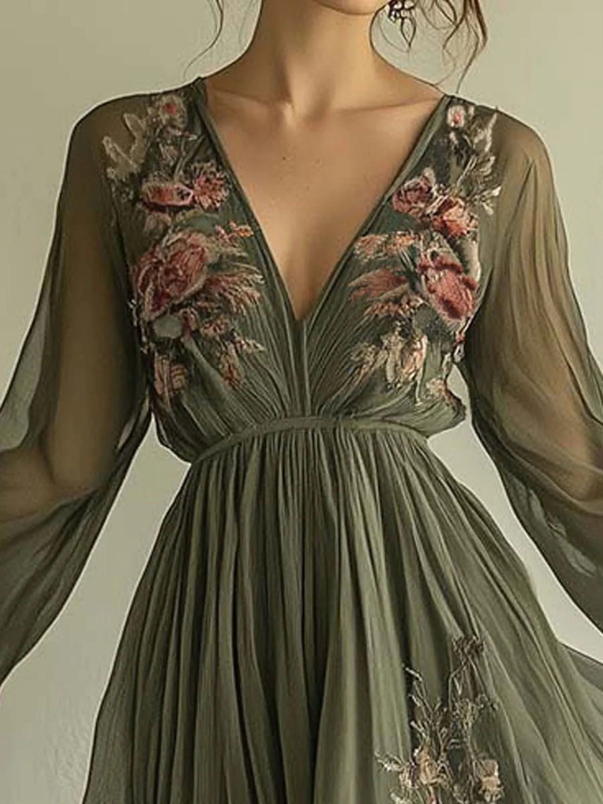 thumbnail image 3 of ZOELNIC Women's V-Neck Boho Maxi Dress Floral Sheer Long Sleeve Flowy Pleated Waist Elegant Dress, XL, 3 of 6