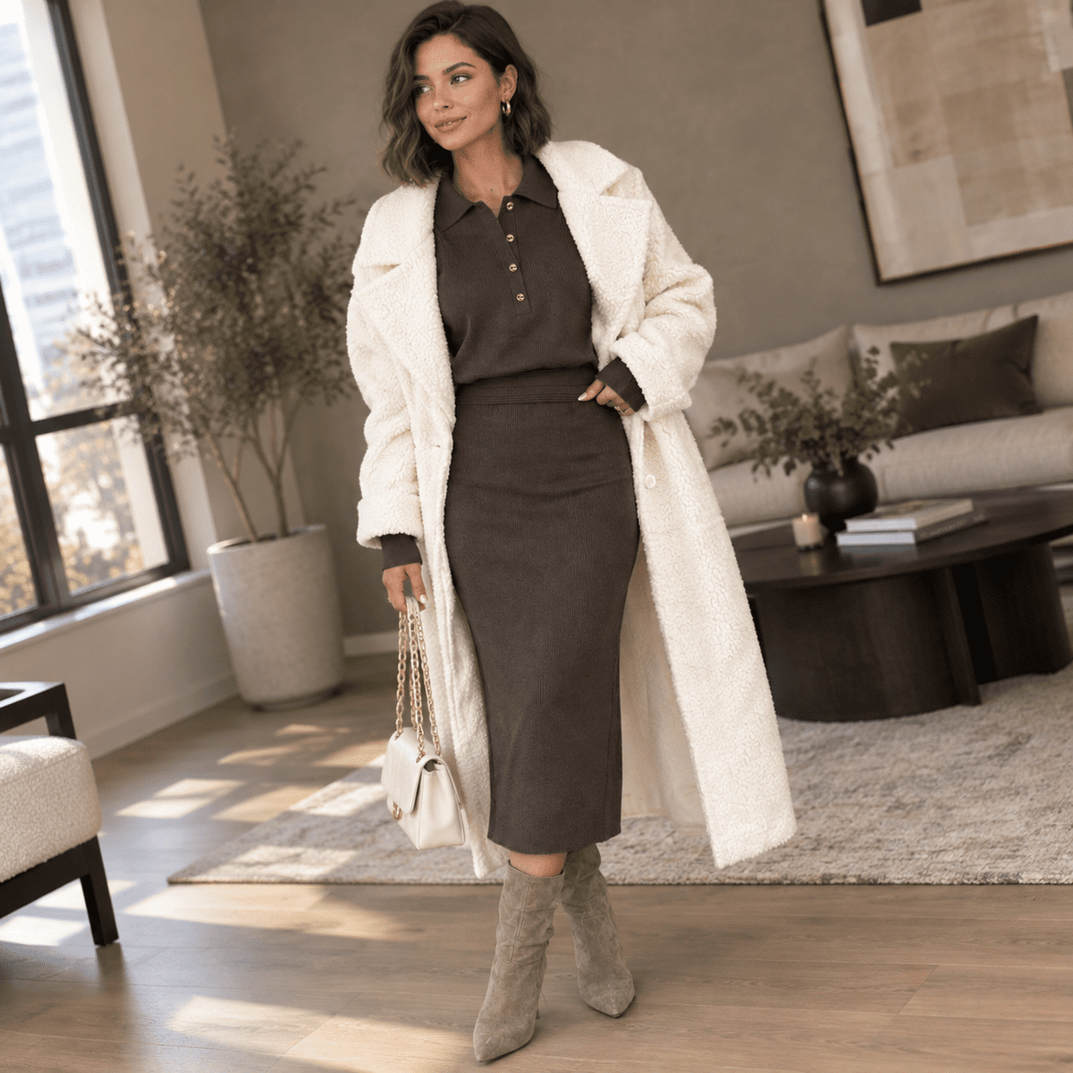 thumbnail image 4 of Coffee X-Large Women's Fall Long Sleeve Bodycon Midi Sweater Dress, 4 of 9