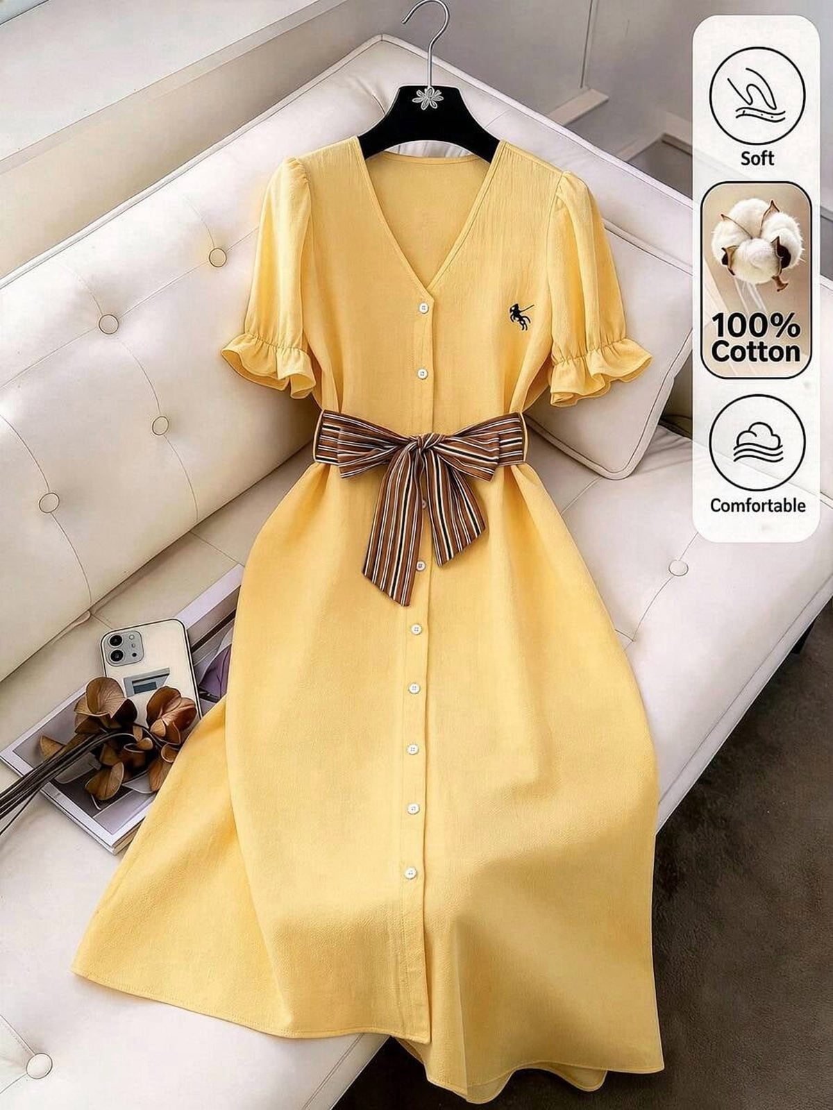 thumbnail image 4 of Women Light Yellow V-Neck Button Front Midi Dress With Bow Belt Petal, 4 of 7