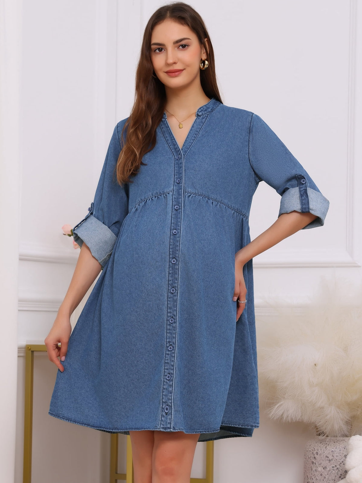 thumbnail image 2 of DARING DIVA Women's Maternity Denim Dress Long Sleeve Babydoll Nursing Dress L Blue, 2 of 8