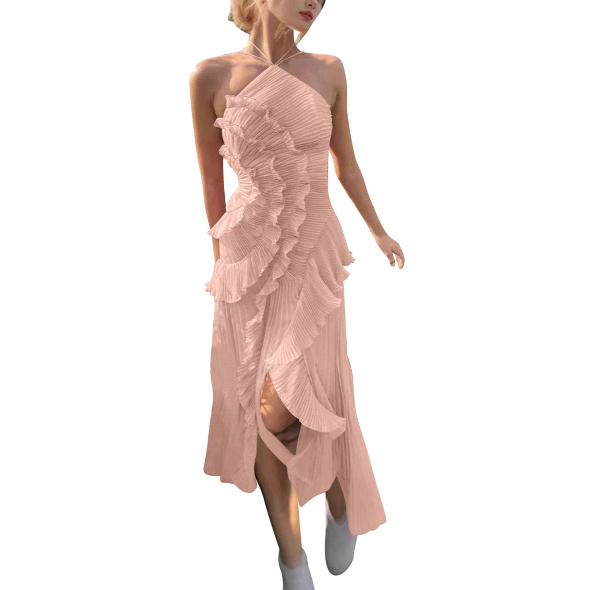 thumbnail image 2 of Baeitkot Women Summer Printed Dress Womens Casual Boho Print Long Sleeve Deep V Neck Mid-calf Long Dress Beige L, 2 of 7