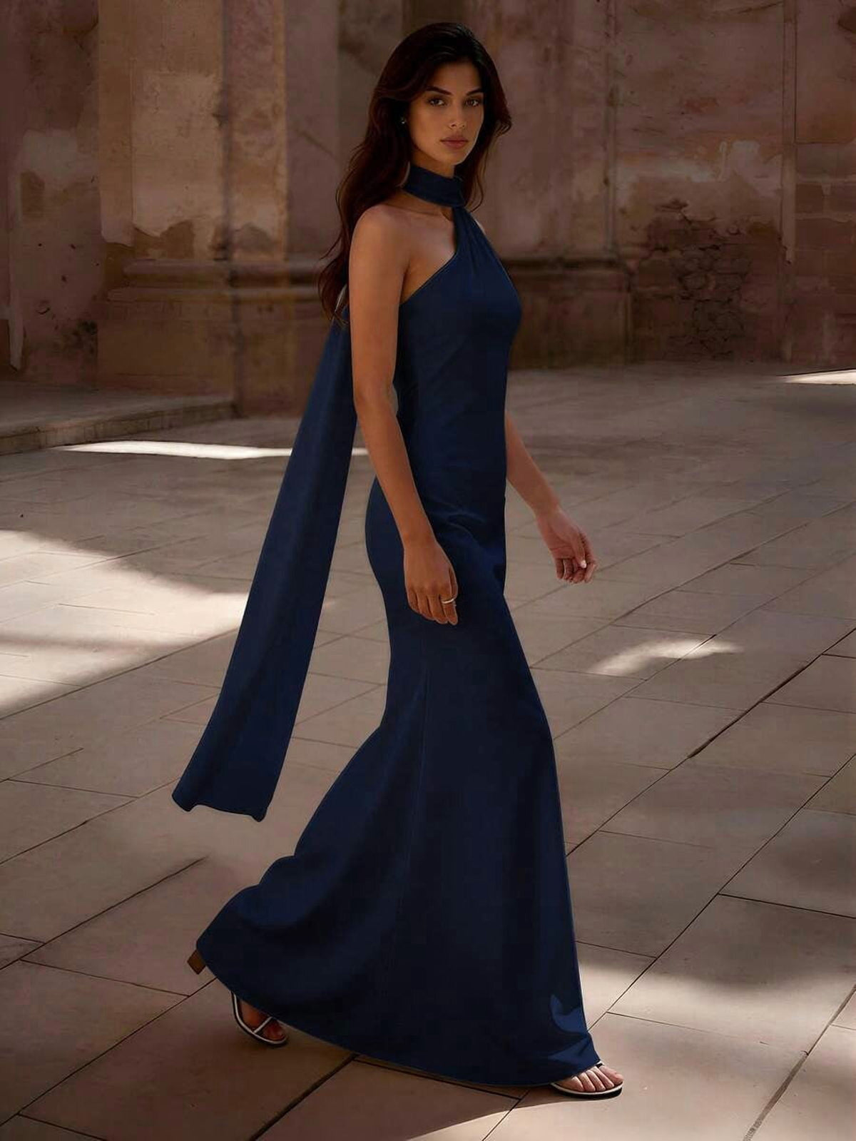thumbnail image 4 of Women Blue Halter Neck One Shoulder Backless Mermaid Evening Dress, 4 of 5