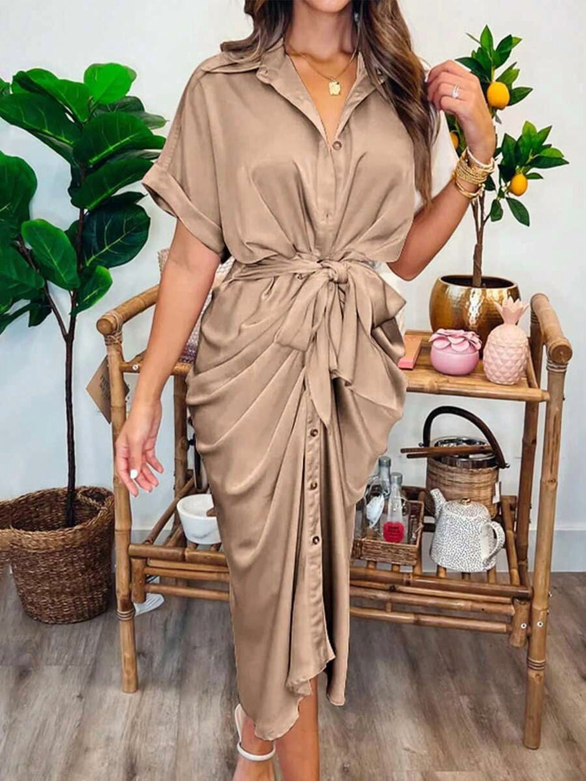 thumbnail image 4 of Khaki Ruched Button Down Midi Dress with Tie Waist, 4 of 5