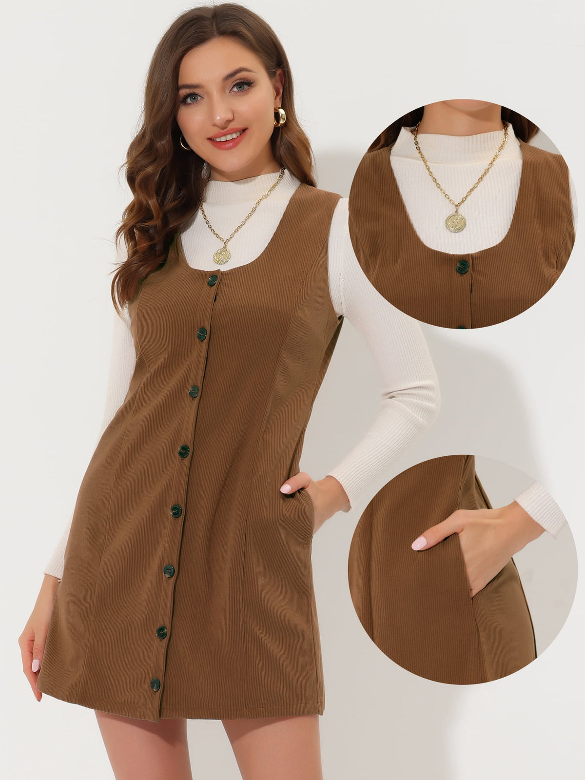 thumbnail image 2 of DARING DIVA Women's Stylish Corduroy Overall Scoop Neck Sleeveless Dress XS Brown, 2 of 6