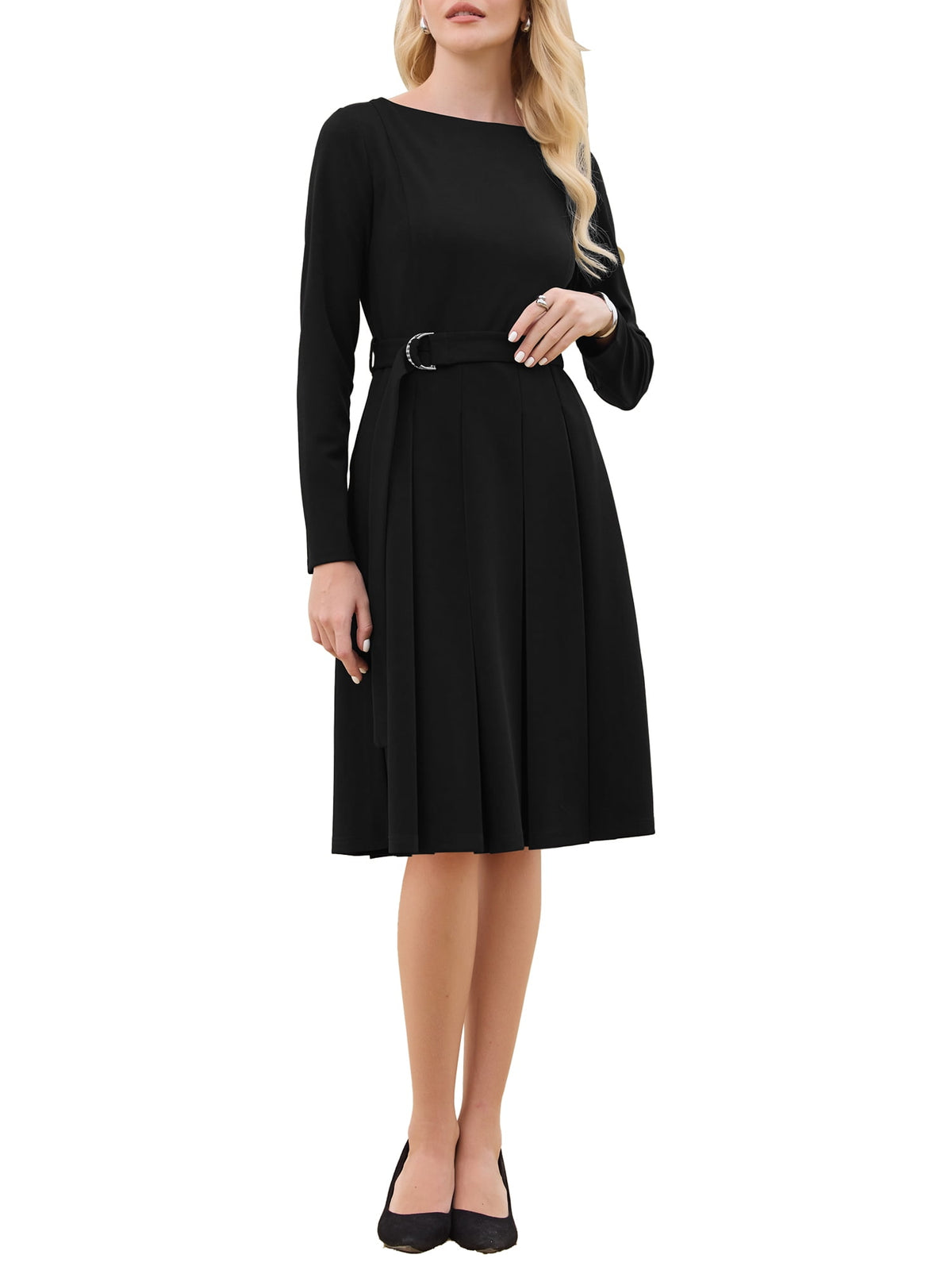 thumbnail image 2 of INSPIRE CHIC Women's Pleated Dress A Line Tie Waist Business Casual Long Sleeve Dresses S Black, 2 of 5