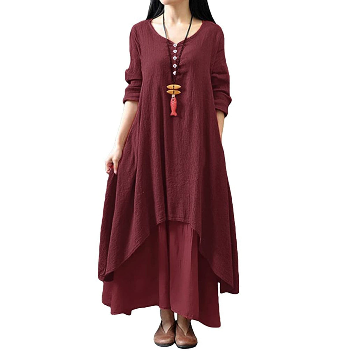 thumbnail image 2 of Giftesty Womens Plus Size Dresses Women's Plus Size Round-Neck Solid Long Dress Helf Sleeve Buttons Dress, 2 of 8