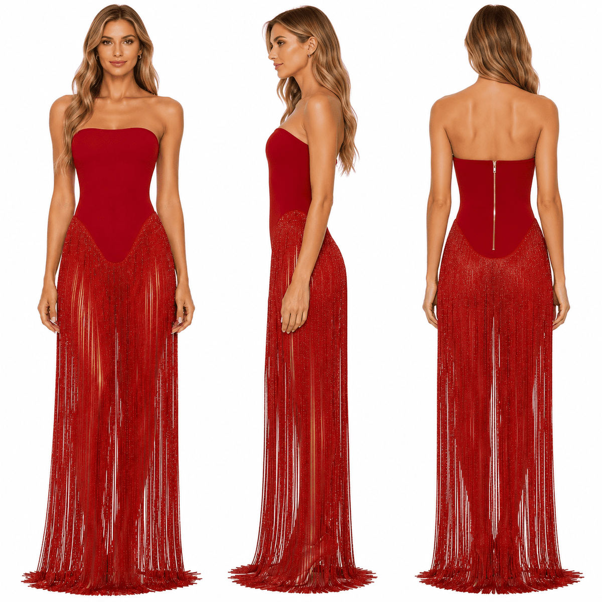 thumbnail image 2 of Women's Red Strapless Fringe Maxi Dress with Fitted Bodice, 2 of 7