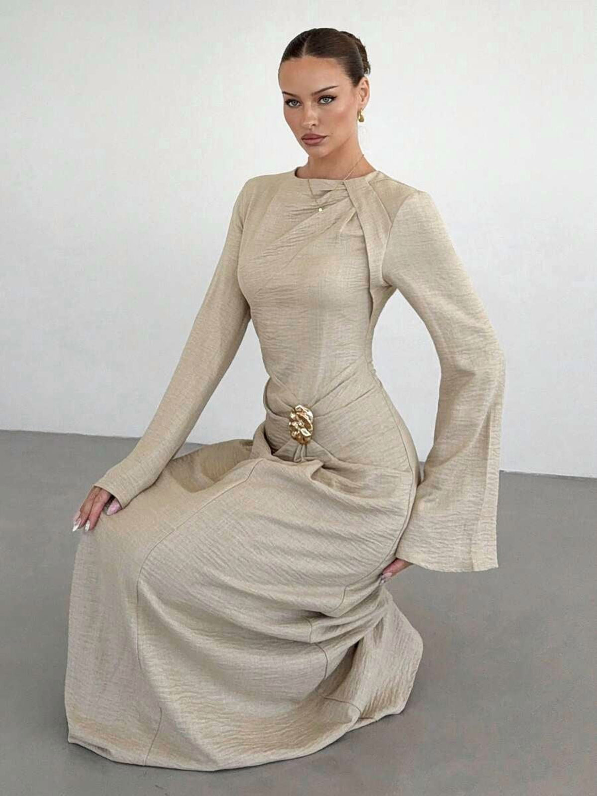 thumbnail image 3 of Womens Long Sleeve Metallic Apricot Elegant Formal Dress, 3 of 7
