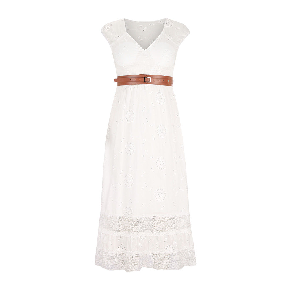 thumbnail image 2 of Abcnature Womens Maxi Dress, Women Bohemian V-Neck Loose Short Sleeve Solid Ankle-Length Dress, +Belt, Plus Size Summer Casual Long Dresses, Beach Party Dress White S, 2 of 5