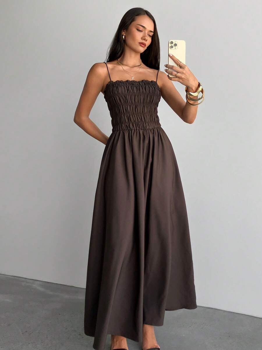 thumbnail image 4 of Coffee Womens Ruched Smocked Waist Maxi Dress With Spaghetti Straps, 4 of 8