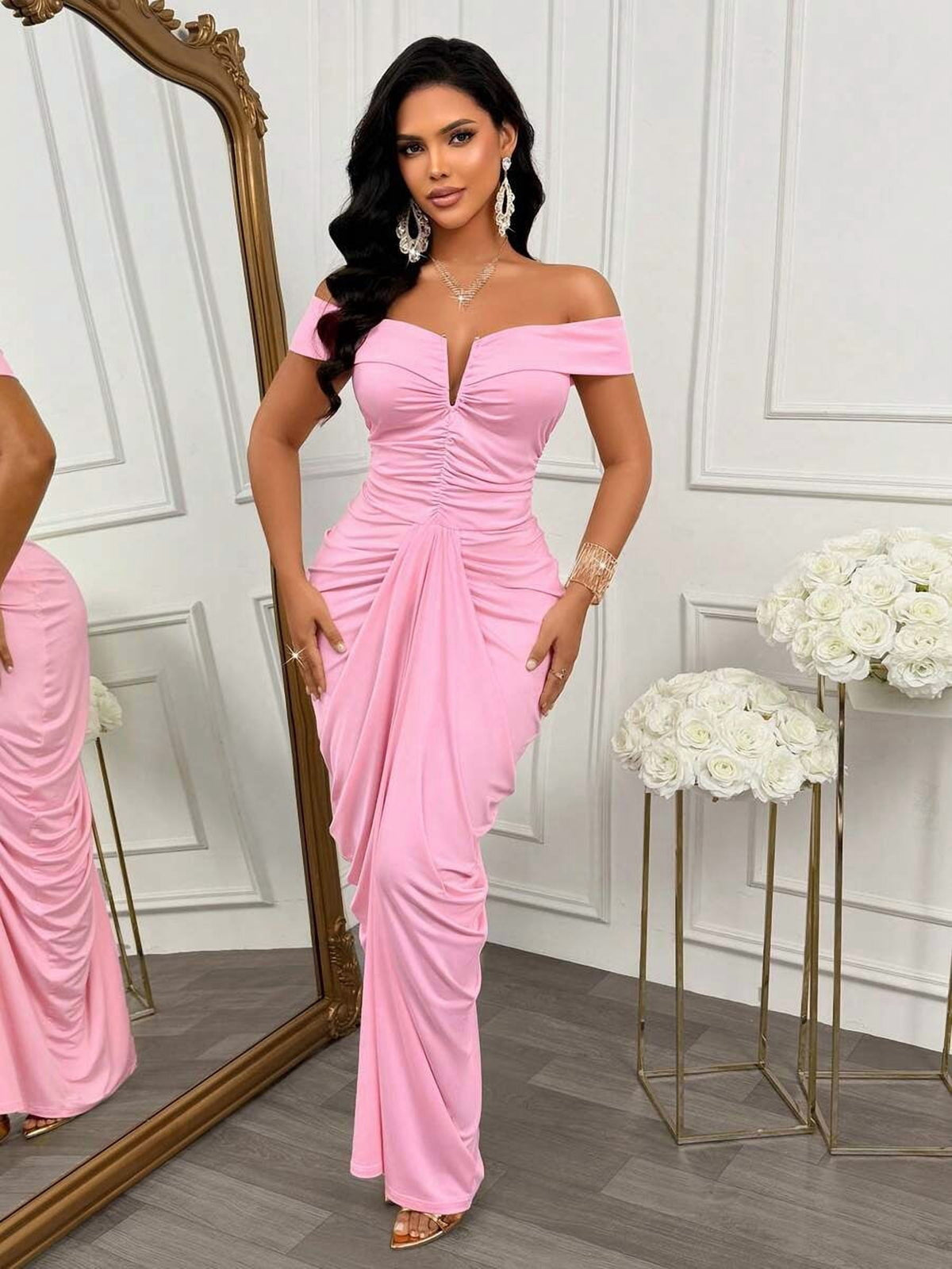 thumbnail image 6 of Womens Sexy Sleeveless Pink Cold Shoulder Long Fitted Dress, Ruched, 6 of 10