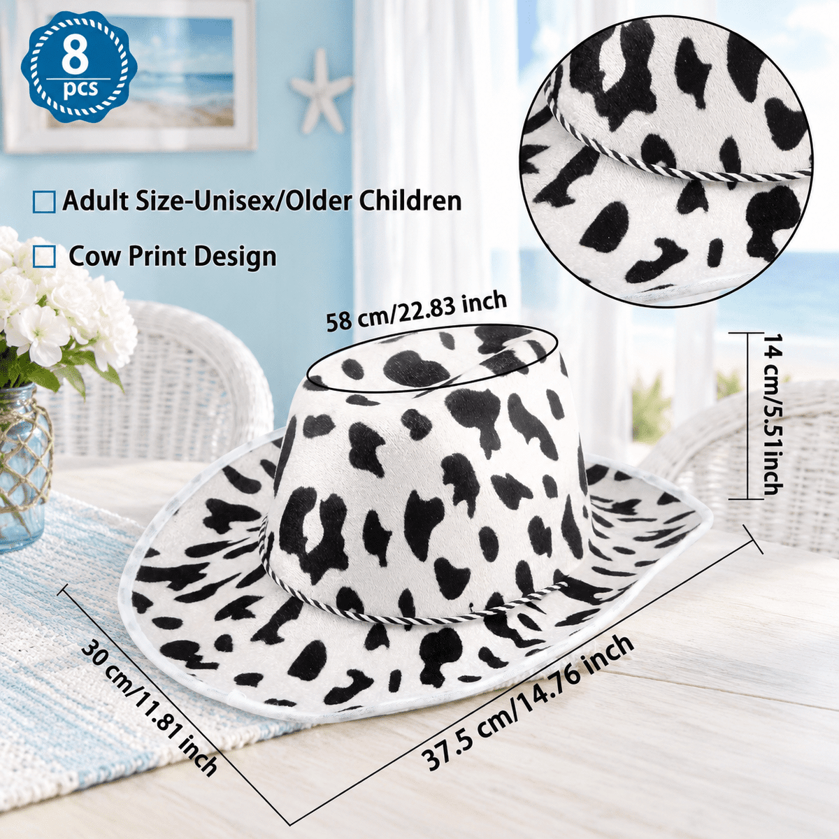 thumbnail image 2 of 8 Pack Cow Print Cowboy Hats Black White Western Style for Theme Party Dress Up, 2 of 7
