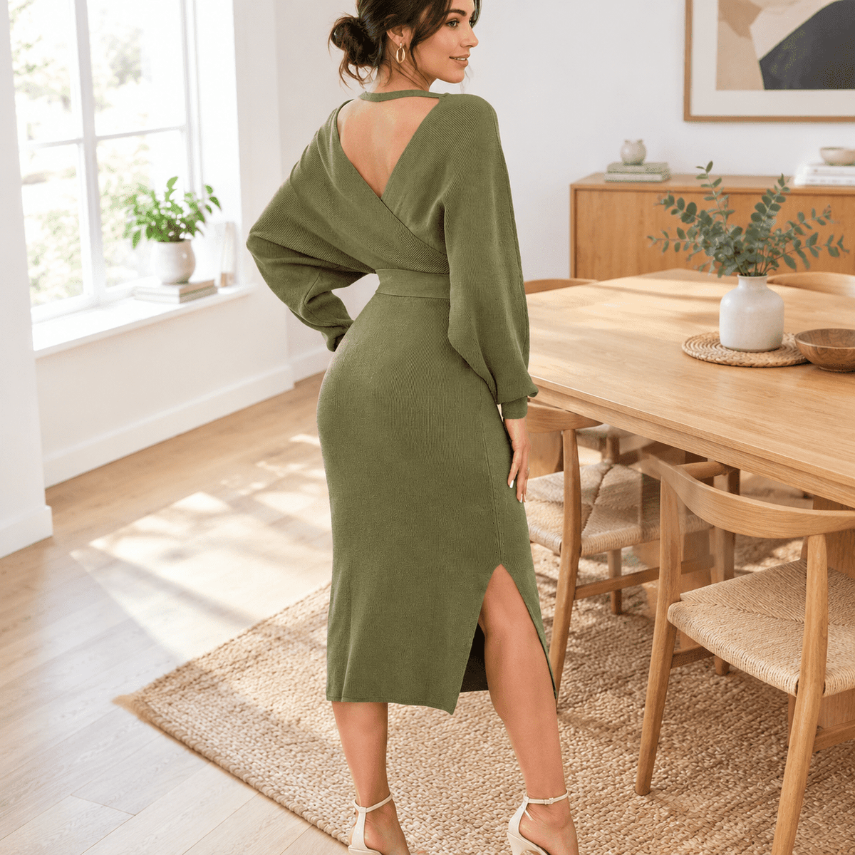 thumbnail image 6 of Womens Maxier Dress Long Sleeve Batwing Wrap V Neck Fall Dresses, 6 of 6