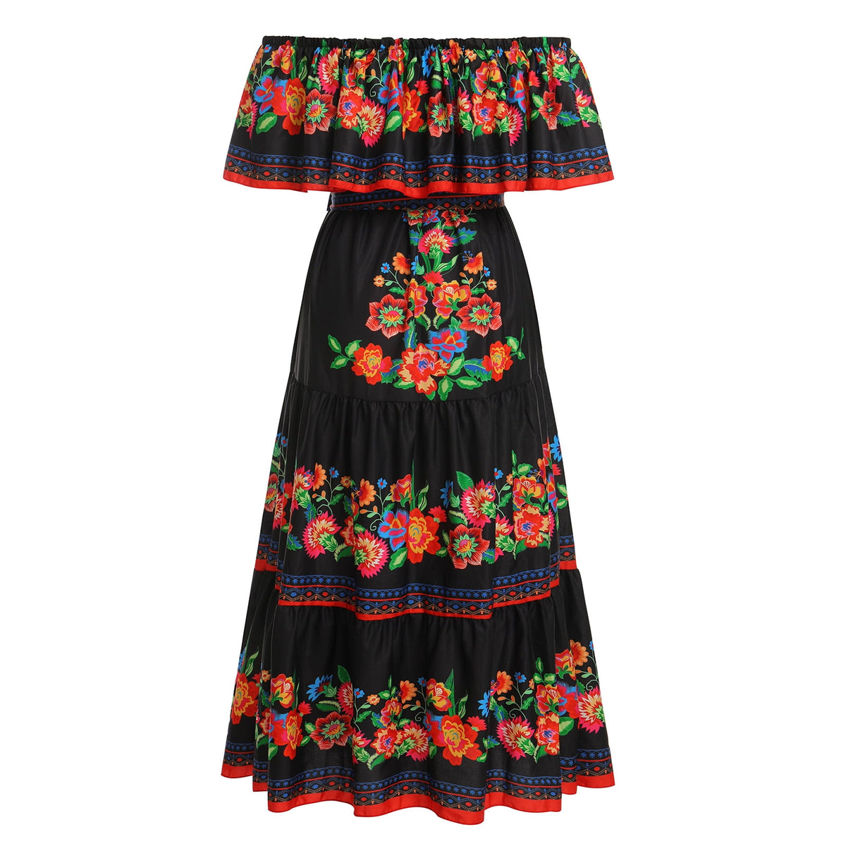 thumbnail image 2 of IBTOM CASTLE Women's Mexican Dress Floral Print Smocked Traditional Wear Off Shoulder Beach Holiday Party Long Maxi Dresses L Black, 2 of 8