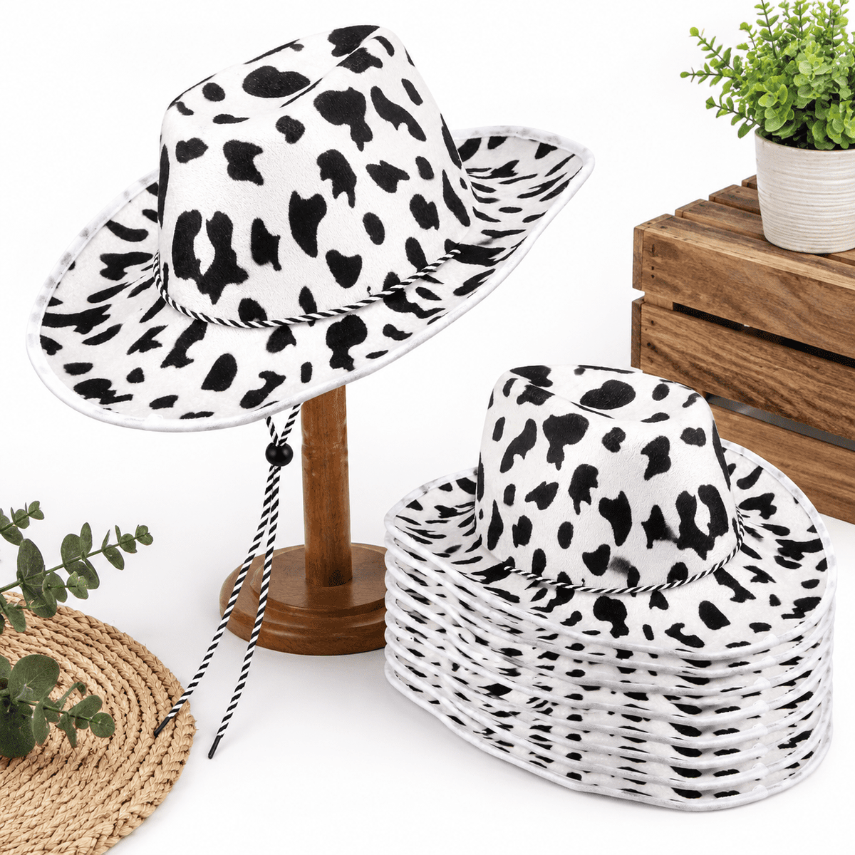 thumbnail image 1 of 8 Pack Cow Print Cowboy Hats Black White Western Style for Theme Party Dress Up, 1 of 7
