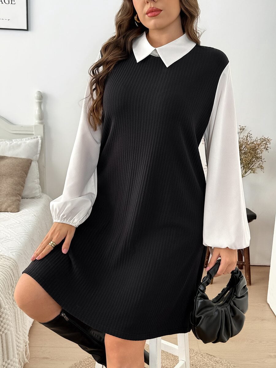 thumbnail image 4 of Black And White Color-Blocked Collar Long Sleeve Dress, 4 of 6