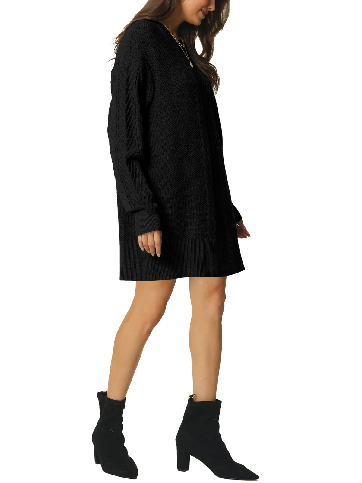 thumbnail image 4 of Unique Bargains Womens' Textured Long Sleeve Above Knee Casual Sweater Dress L Black, 4 of 6