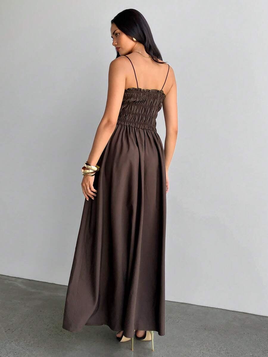 thumbnail image 2 of Coffee Womens Ruched Smocked Waist Maxi Dress With Spaghetti Straps, 2 of 8