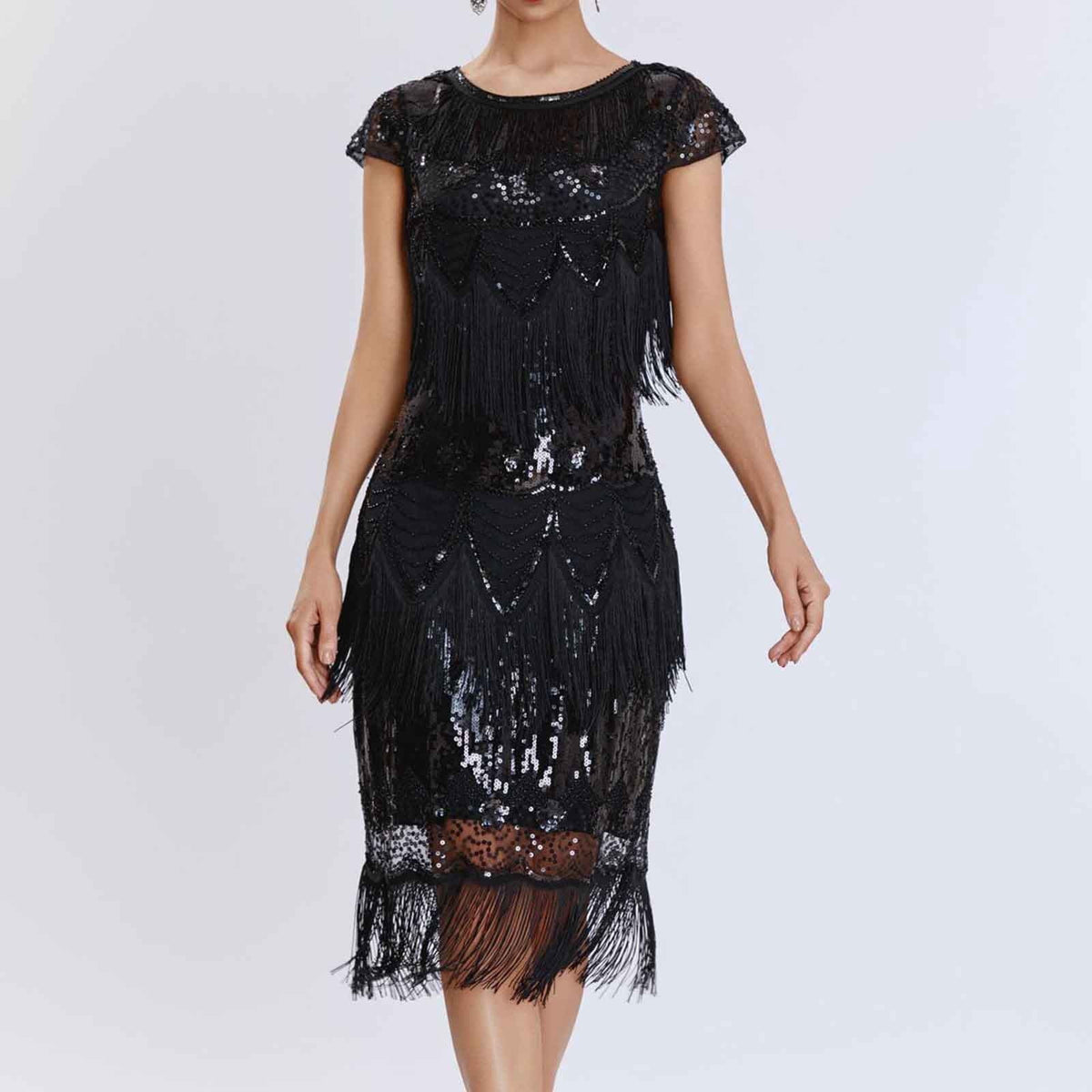 thumbnail image 4 of Boho Maxi Dress Dgankt 20s Vintage Inspired Sequin Embellished Fringe Long Dress Round-Neck Knee-High Dress, 4 of 8