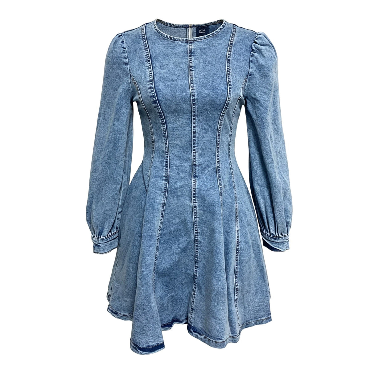 thumbnail image 6 of JIAYUE Women's Denim Skater Dress Crew Neck Mini Puff Long Sleeve Washed Dresses for Fall Workout Wear, 6 of 7