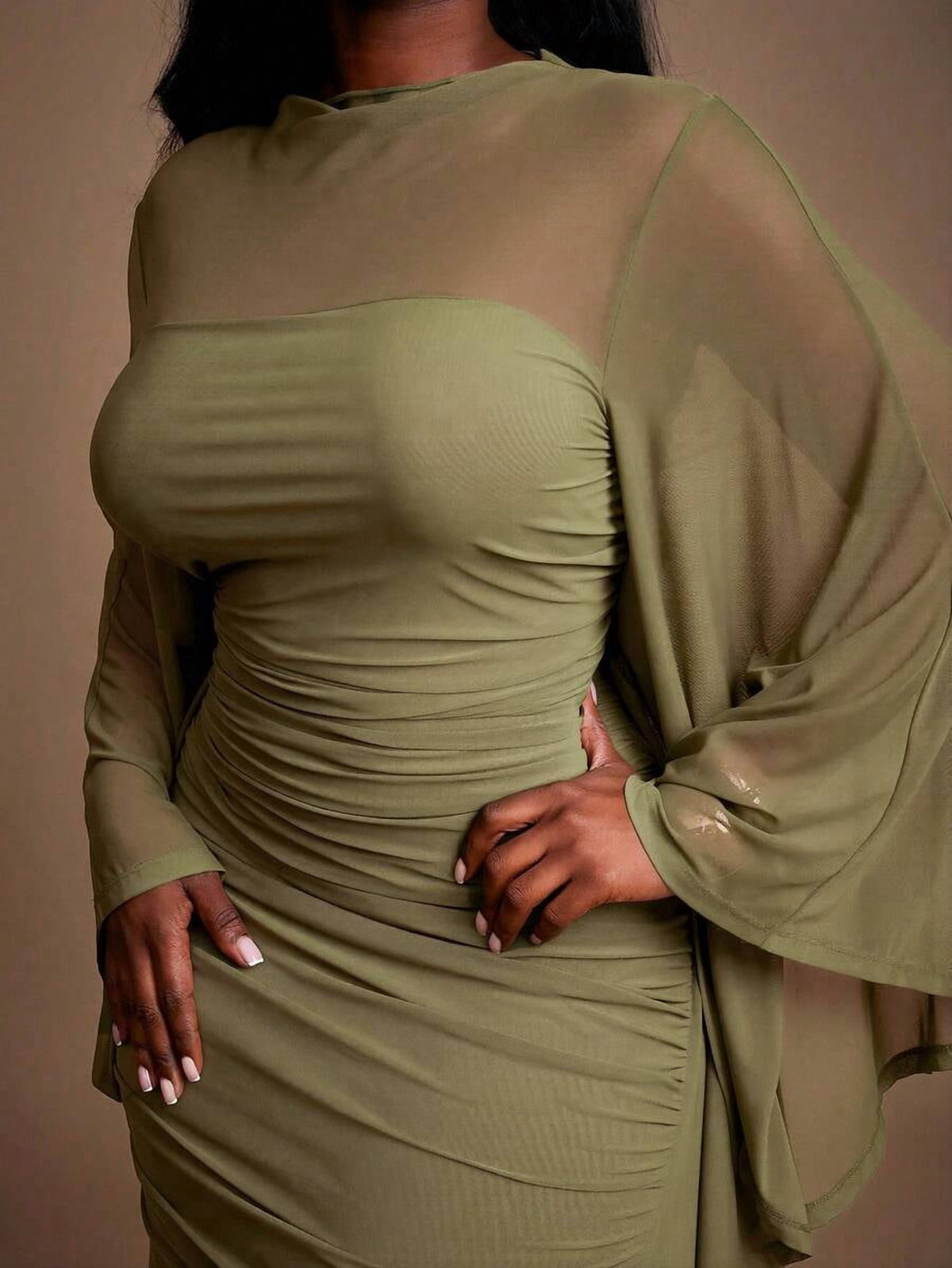 thumbnail image 5 of Womens Green Ruched Long Sleeve Sheath Dress With Kimono Sleeve, 5 of 6